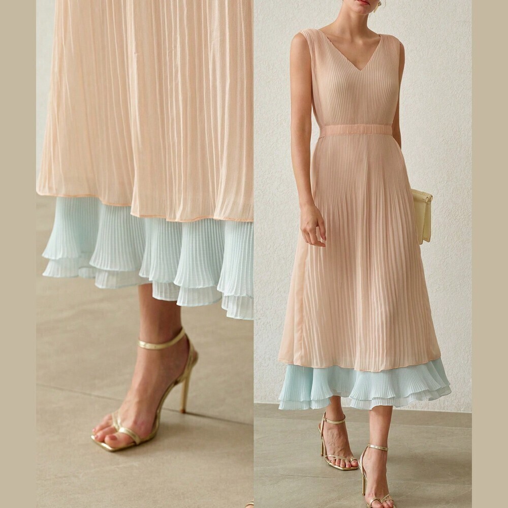 Ivory Pleated Midi Dress with Contrast Ruffle Hem - Picture 2 of 7